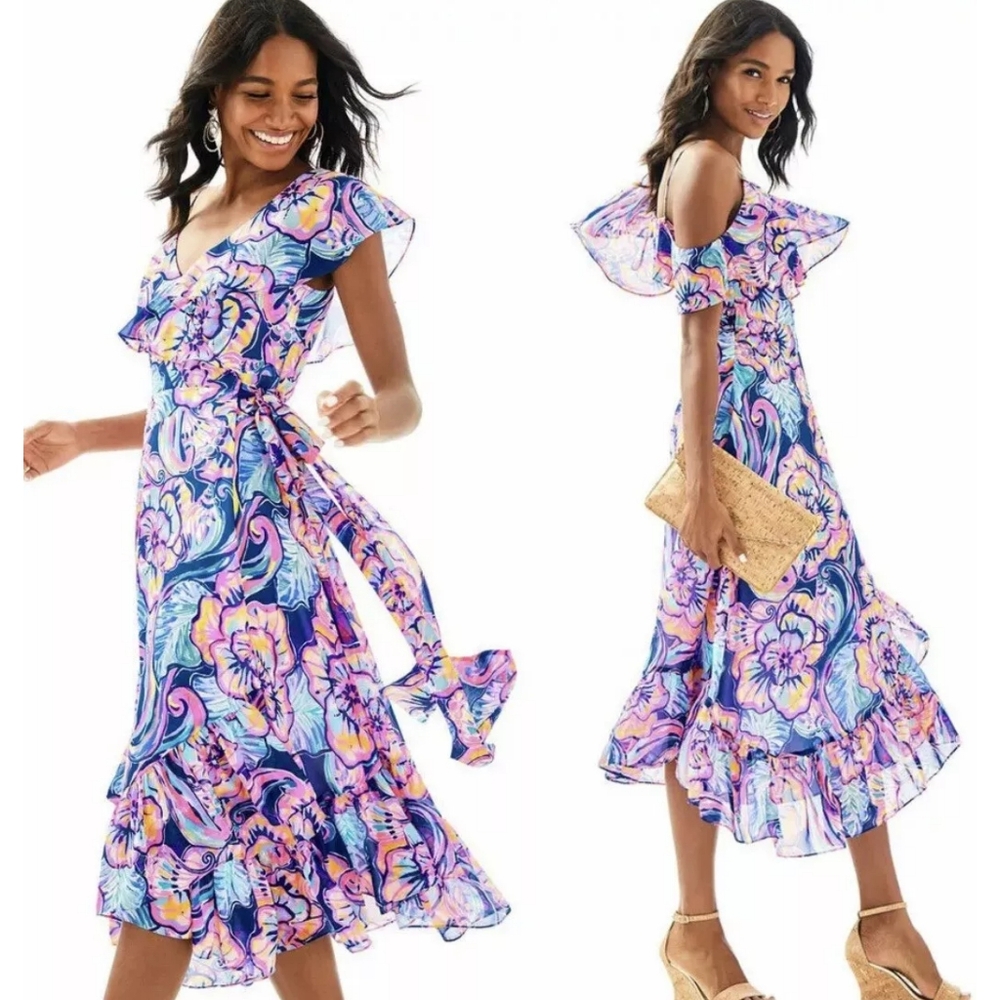 LILLY PULITZER Marianna Dress in Nauti Navy Boho Bateau Wrap Dress Medium - Picture 3 of 10